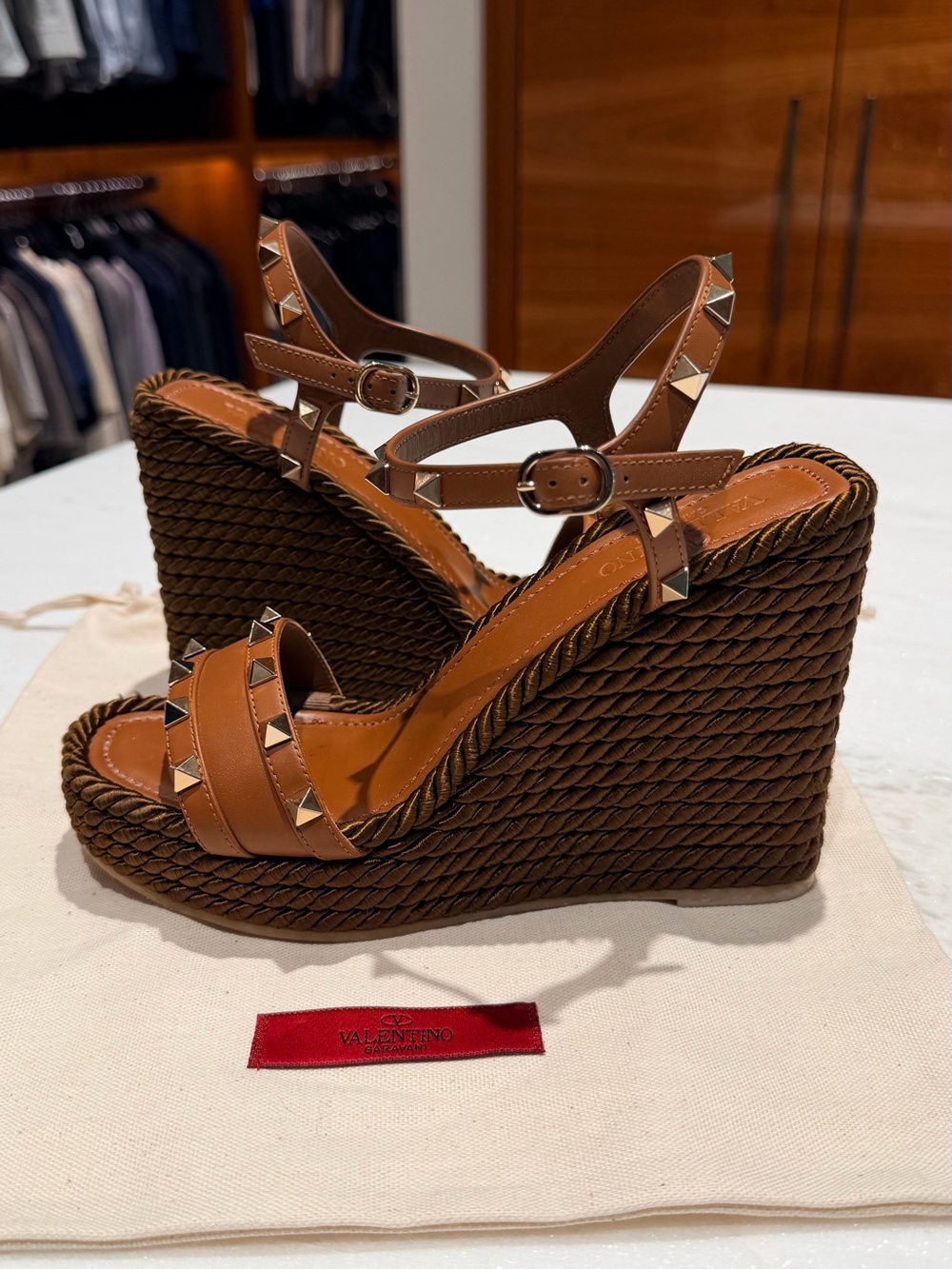 Valentino Garavani Rockstud Brown Leather Wedge Sandals Size EU38